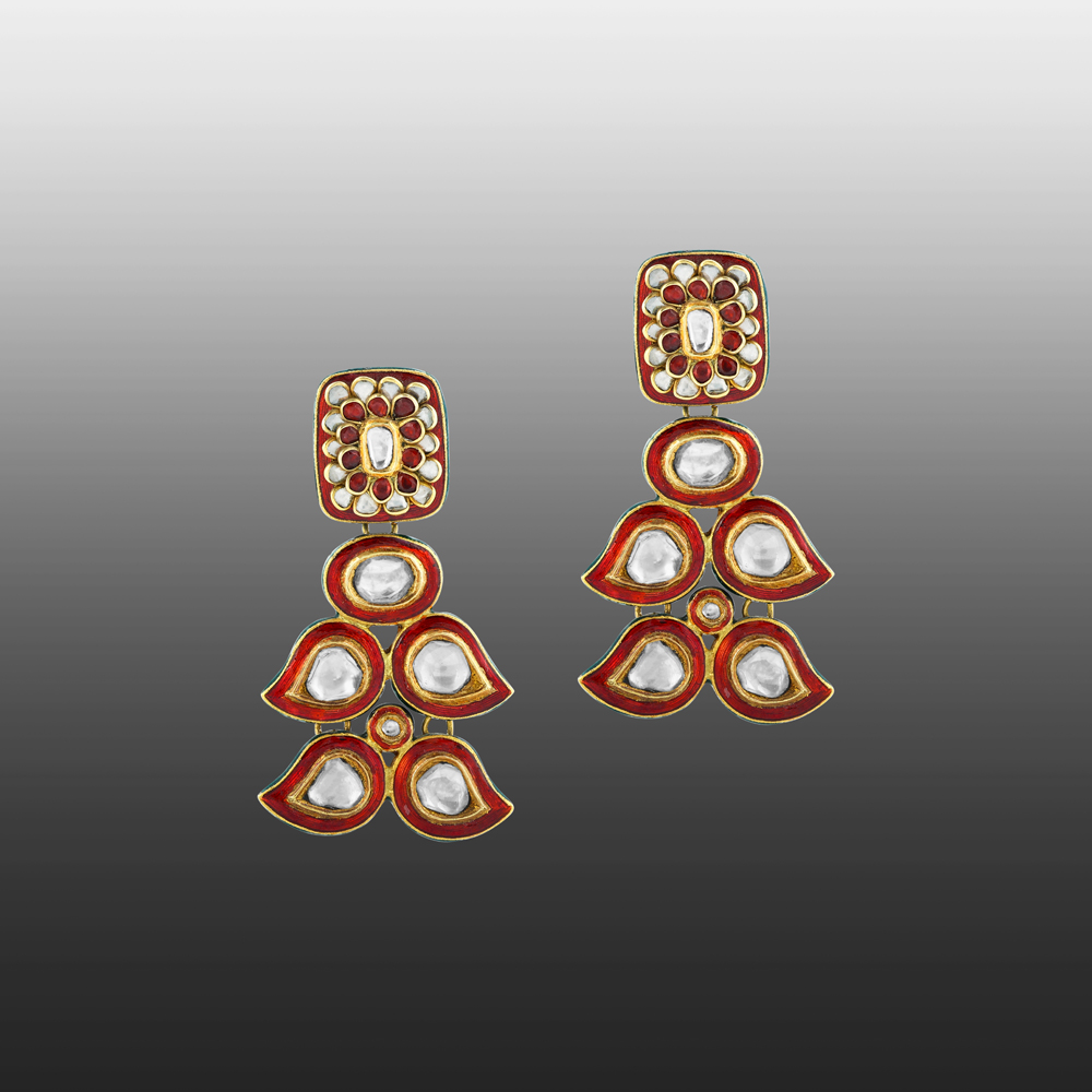 Geometric Polki Earrings with Red Enamel